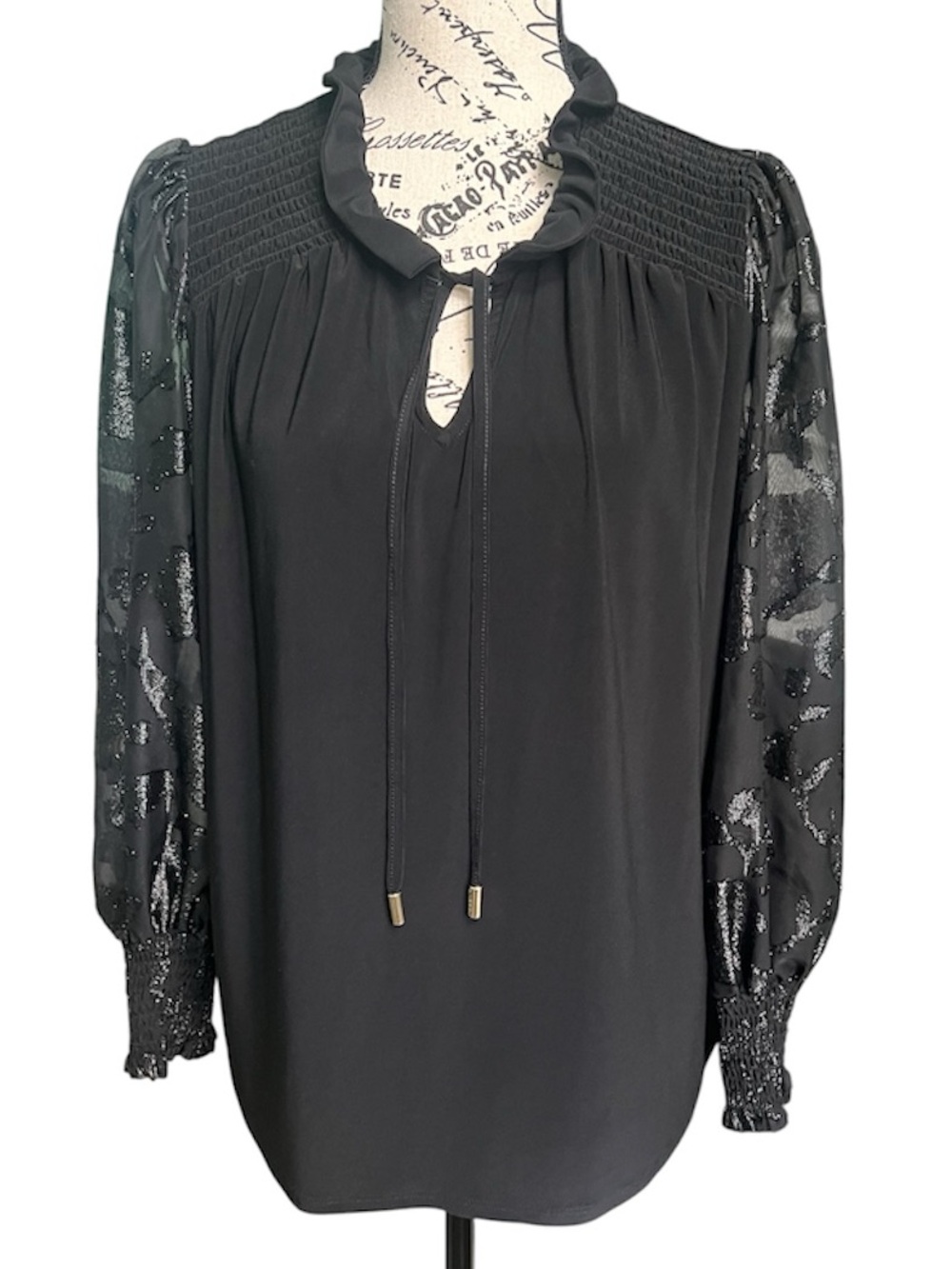 Anne Klein Black Smocked Yoke Tie-Neck Blouse